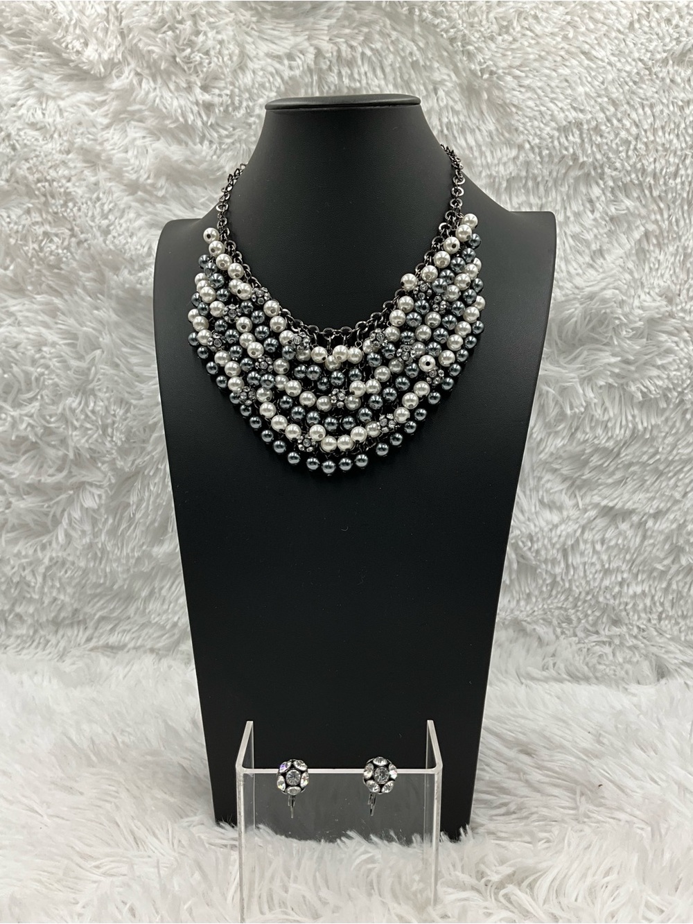 Multi Strand Bib Necklace & Earrings Set Faux Pearl & Rhinestones